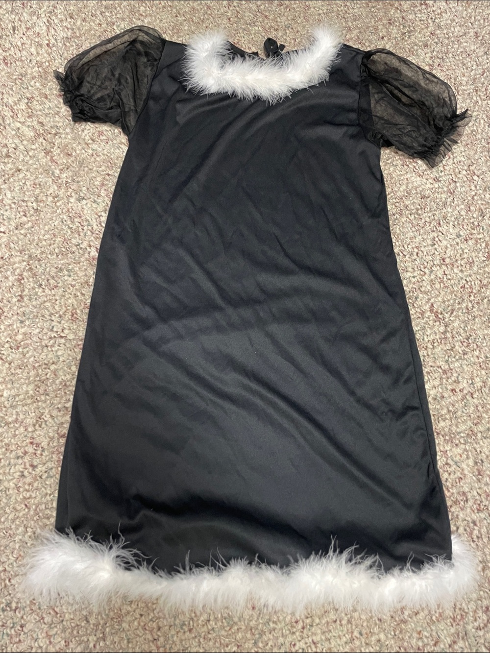 French maid Black Marabou-feather Trimmed sheer puff sleeve dress